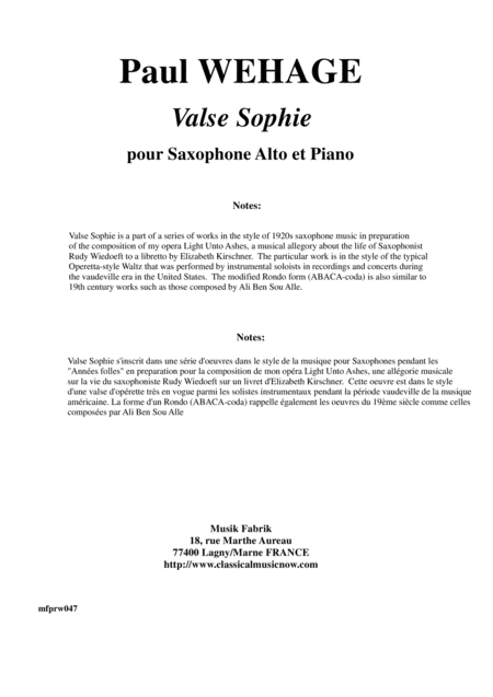 Paul Wehage Valse Sophie For Alto Saxophone And Piano Sheet Music