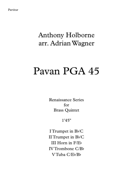 Pavan Pga 45 Anthony Holborne Brass Quintet Arr Adrian Wagner Sheet Music