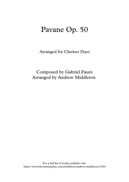 Pavane Op 50 Arranged For Clarinet Duet Sheet Music