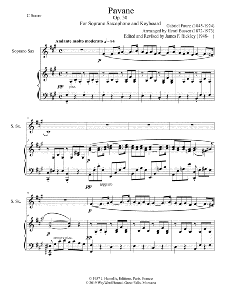 Pavane Opus 50 For Soprano Saxophone And Keyboard Sheet Music