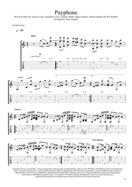 Payphone Fingerstyle Guitar Sheet Music