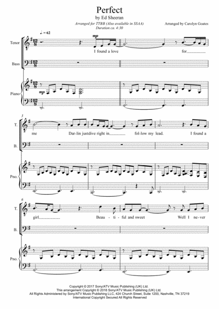 Perfect Ed Sheeran For Ttbb Piano Sheet Music