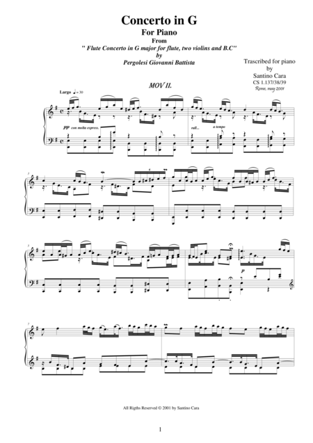 Pergolesi Gb Flute Concerto In G Piano Version 2 Largo Sheet Music