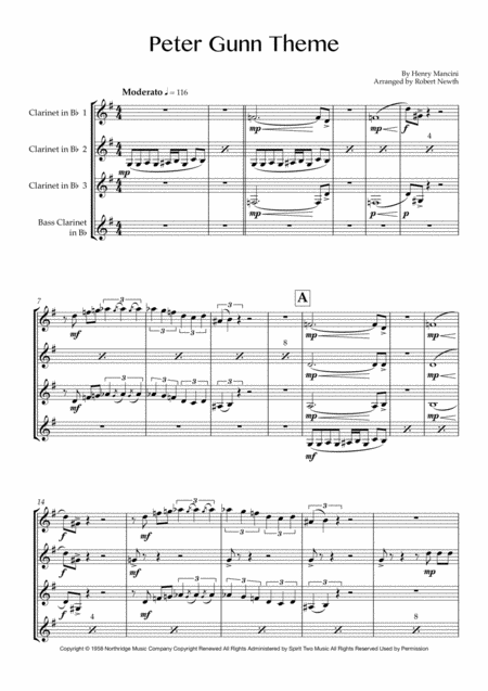 Peter Gunn Theme For Clarinet Quartet Sheet Music