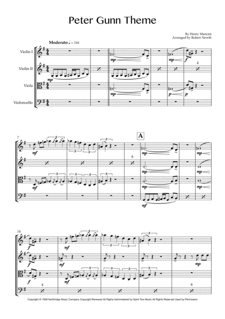 Peter Gunn Theme For String Quartet Sheet Music