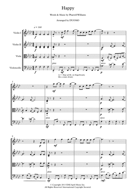 Pharrell Williams Happy String Quartet Sheet Music