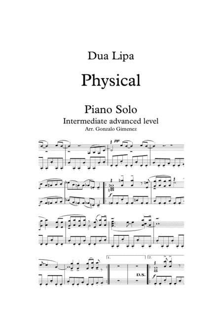 Physical Dua Lipa Piano Solo Advanced Intermediate Level Sheet Music