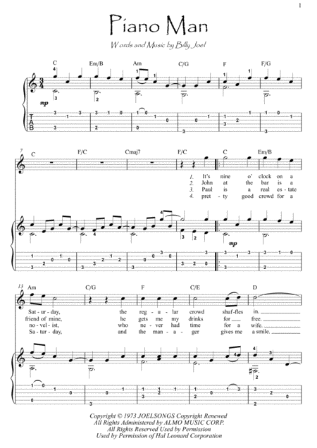 Piano Man Guitar Fingerstyle Sheet Music