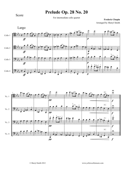 Piano Prelude No 20 For Intermediate Cello Quartet Four Cellos Op 28 Sheet Music