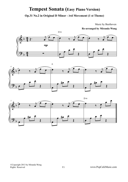 Piano Sonata Op 31 No 2 1st Theme Of 3 Rd Movement Tempest Sheet Music