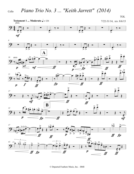 Piano Trio No 3 Keith Jarrett 2014 For Violin Cello And Piano Cello Part Sheet Music