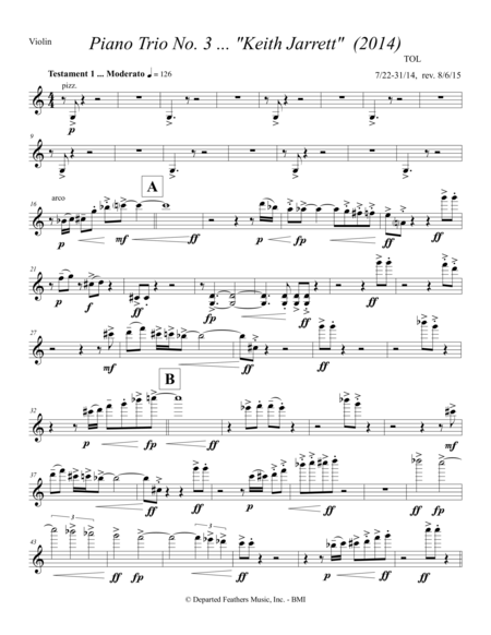 Piano Trio No 3 Keith Jarrett 2014 For Violin Cello And Piano Violin Part Sheet Music