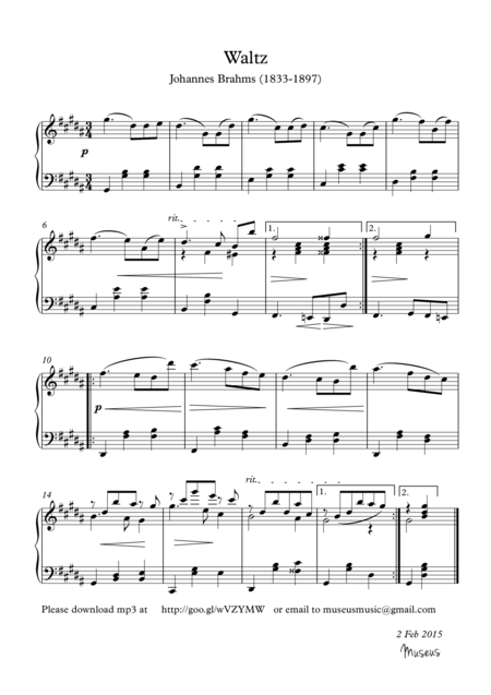 Piano Waltz Opus 39 No 3 By Johannes Brahms Sheet Music