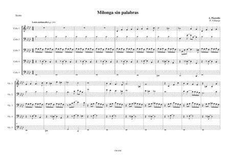 Piazzolla Milonga Sin Palabras 5 Celli Sheet Music