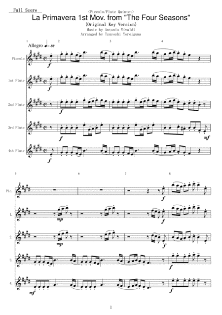 Piccolo Flute Quintet La Primavera 1st Mov From The Four Seasons Sheet Music