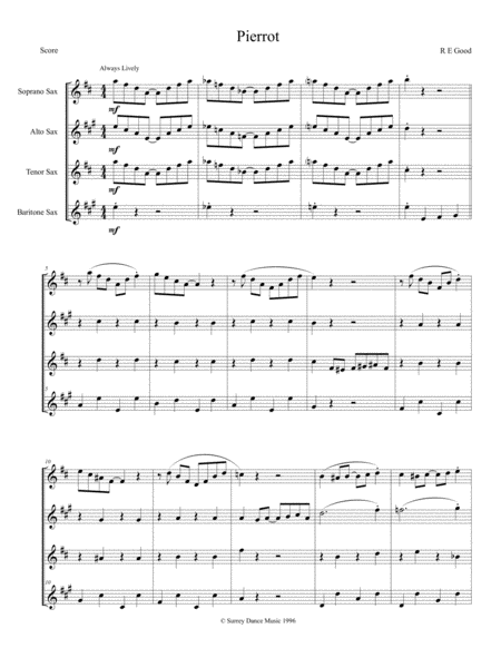 Pierrot Rag For Saxophone Quartet Sheet Music