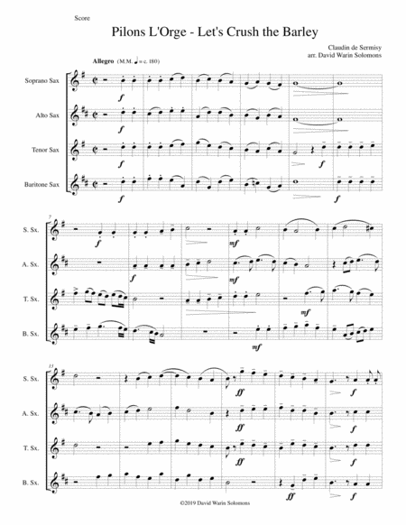 Pilons L Orge Lets Crush The Barley Arranged For Saxophone Quartet Sheet Music