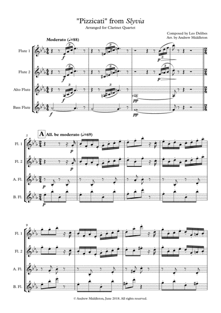 Pizzicati From Sylvia For Flute Quartet Sheet Music