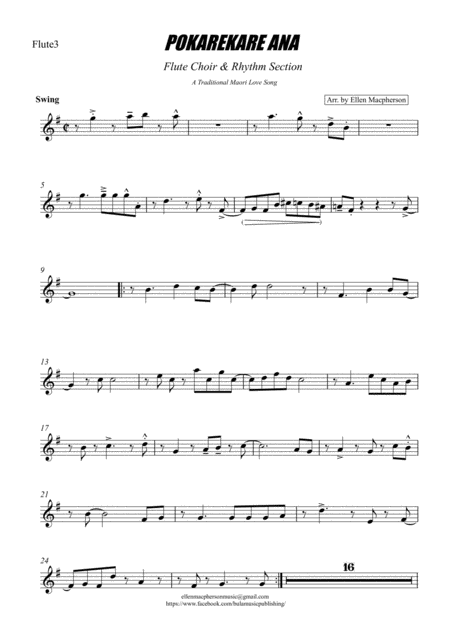 Free Sheet Music Pokarekare Ana Flute Choir Rhythm Section Flute 3