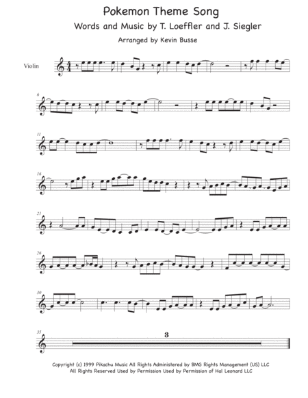 Pokemon Theme Song Easy Key Of C Violin Sheet Music