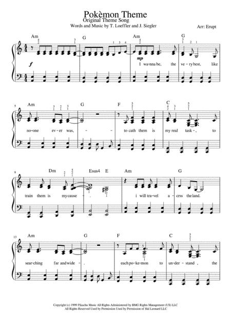 Pokemon Theme To The English Adapted Anime Series Easy Intermediate Solo Piano With English Lyrics Sheet Music