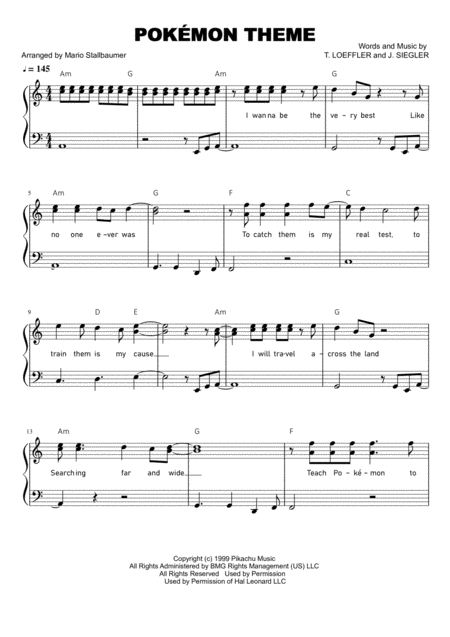 Pokmon Theme Easy Piano Version Sheet Music