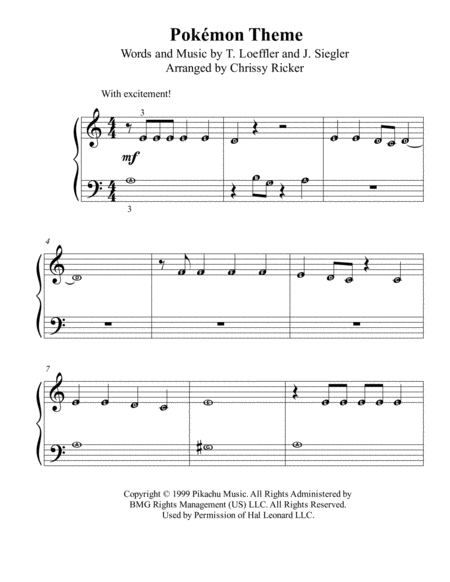 Pokmon Theme Pre Reading Piano With Note Names Sheet Music