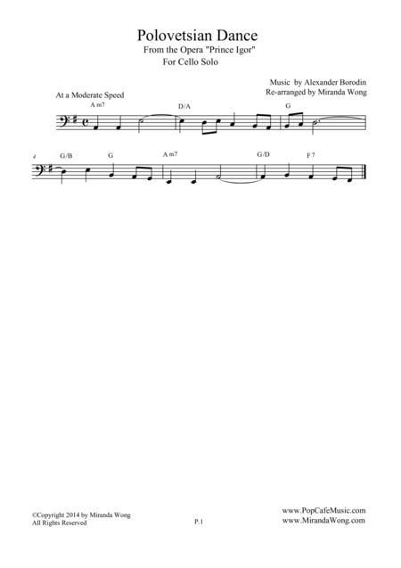 Polovetsian Dances From Prince Igor Cello Bass Clarinet Or Trombone Solo Bass Clef Sheet Music