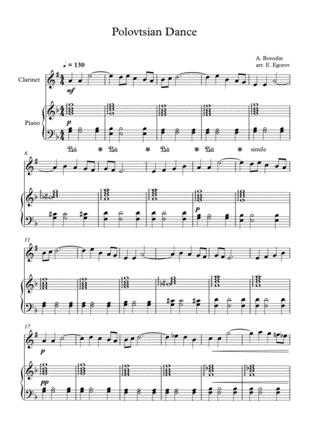 Polovtsian Dance Alexander Borodin For Clarinet Piano Sheet Music