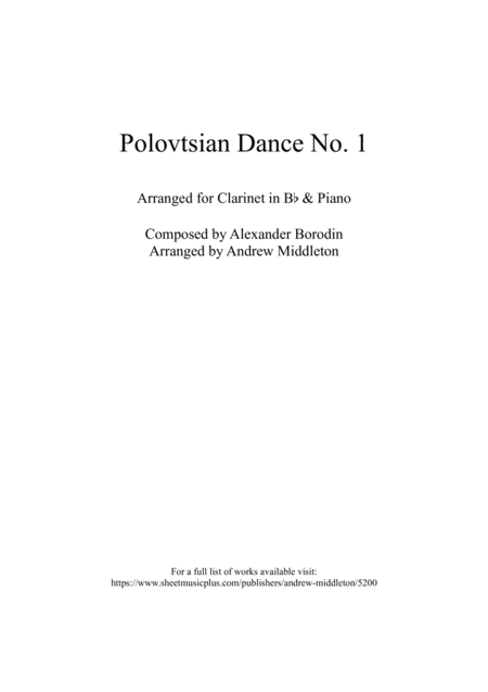 Polovtsian Dance No 1 Arranged For Clarinet And Piano Sheet Music