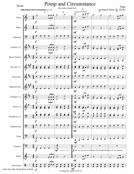 Free Sheet Music Pomp And Circumstance Band Parts In C Optional Use With String Orchestra Parts In C