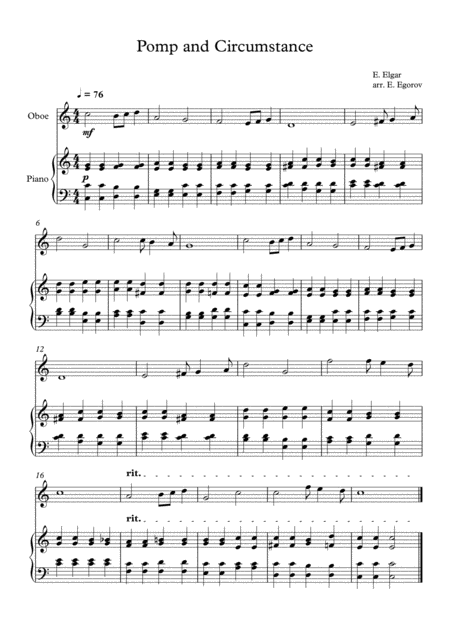 Free Sheet Music Pomp And Circumstance Edward Elgar For Oboe Piano