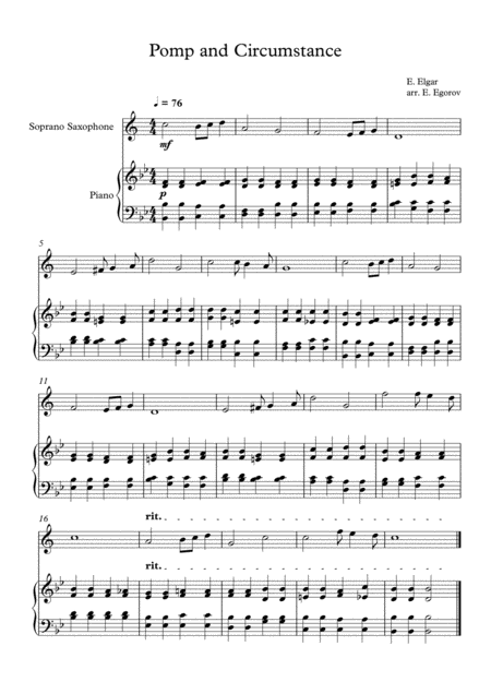 Free Sheet Music Pomp And Circumstance Edward Elgar For Soprano Saxophone Piano