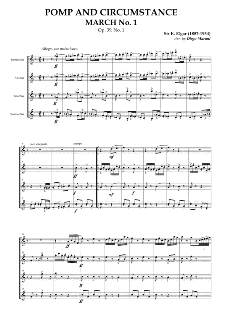 Pomp And Circumstance March No 1 For Saxophone Quartet Sheet Music