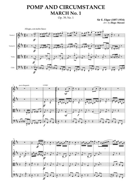 Pomp And Circumstance March No 1 For String Quartet Sheet Music