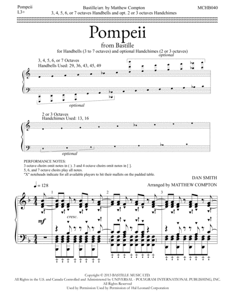 Free Sheet Music Pompeii Handbells 3 6 Octaves