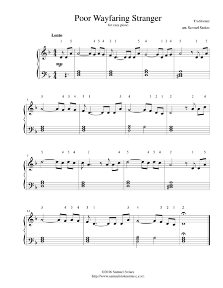 Poor Wayfaring Stranger For Easy Piano Sheet Music