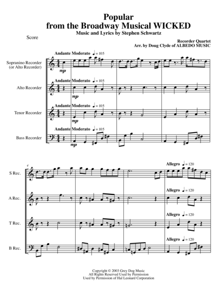 Popular From The Broadway Musical Wicked For Recorder Quartet Sheet Music