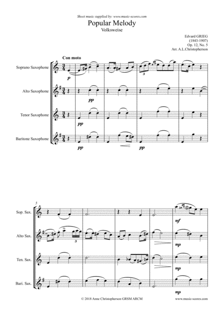 Popular Melody Op 12 No 5 Sax Quartet Sheet Music