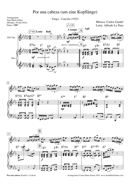 Free Sheet Music Por Una Cabeza Alto Saxophone Piano