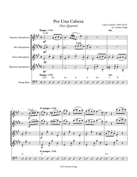 Por Una Cabeza Sax Quartet Sheet Music