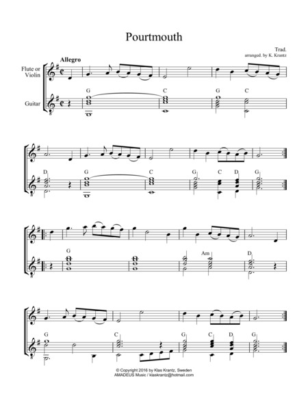 Free Sheet Music Portsmouth For Flute Or Violin And Guitar
