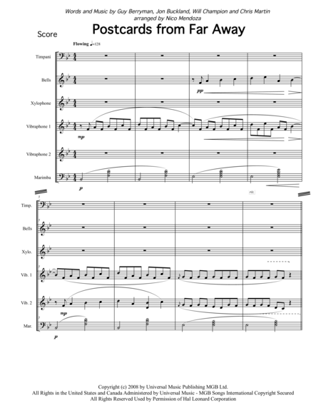 Postcards From Far Away Arranged For Percussion Ensemble Sheet Music