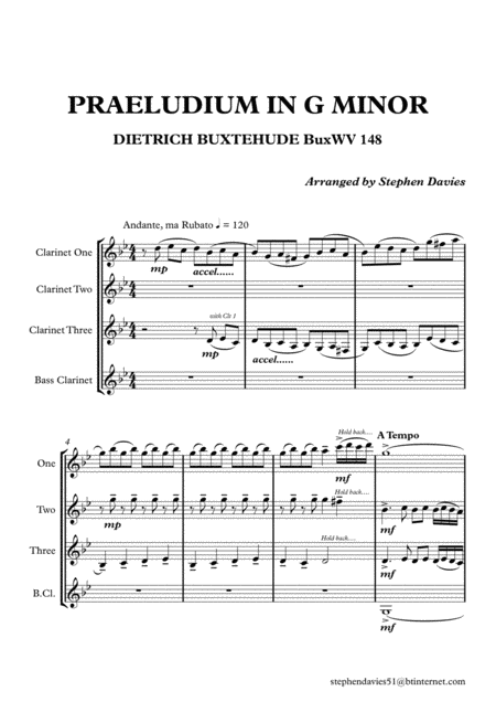 Praeludium Fugue In G Minor By Dietrich Buxtehude Buxwv148 For Clarinet Quartet Sheet Music