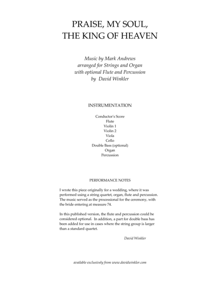 Free Sheet Music Praise My Soul The King Of Heaven Strings And Organ