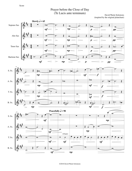 Prayer Before The Close Of Day Based On The Chant Te Lucis Ante Terminum For Saxophone Quartet Sheet Music