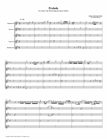 Prelude 08 From Well Tempered Clavier Book 1 Saxophone Quintet Sheet Music