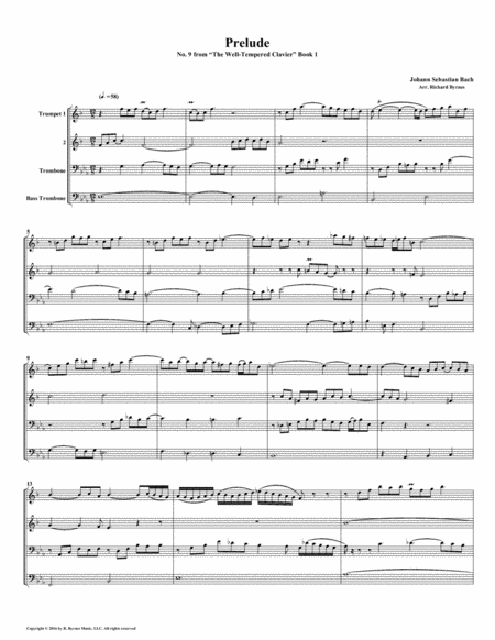 Prelude 09 From Well Tempered Clavier Book 1 Brass Quartet Sheet Music