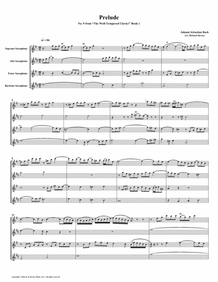 Prelude 09 From Well Tempered Clavier Book 1 Saxophone Quartet Sheet Music