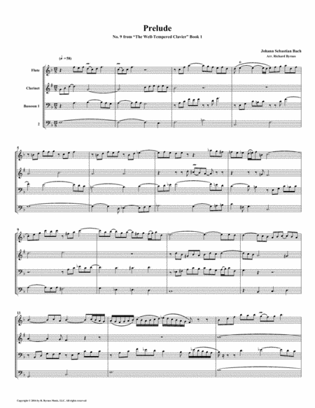 Prelude 09 From Well Tempered Clavier Book 1 Woodwind Quartet Sheet Music